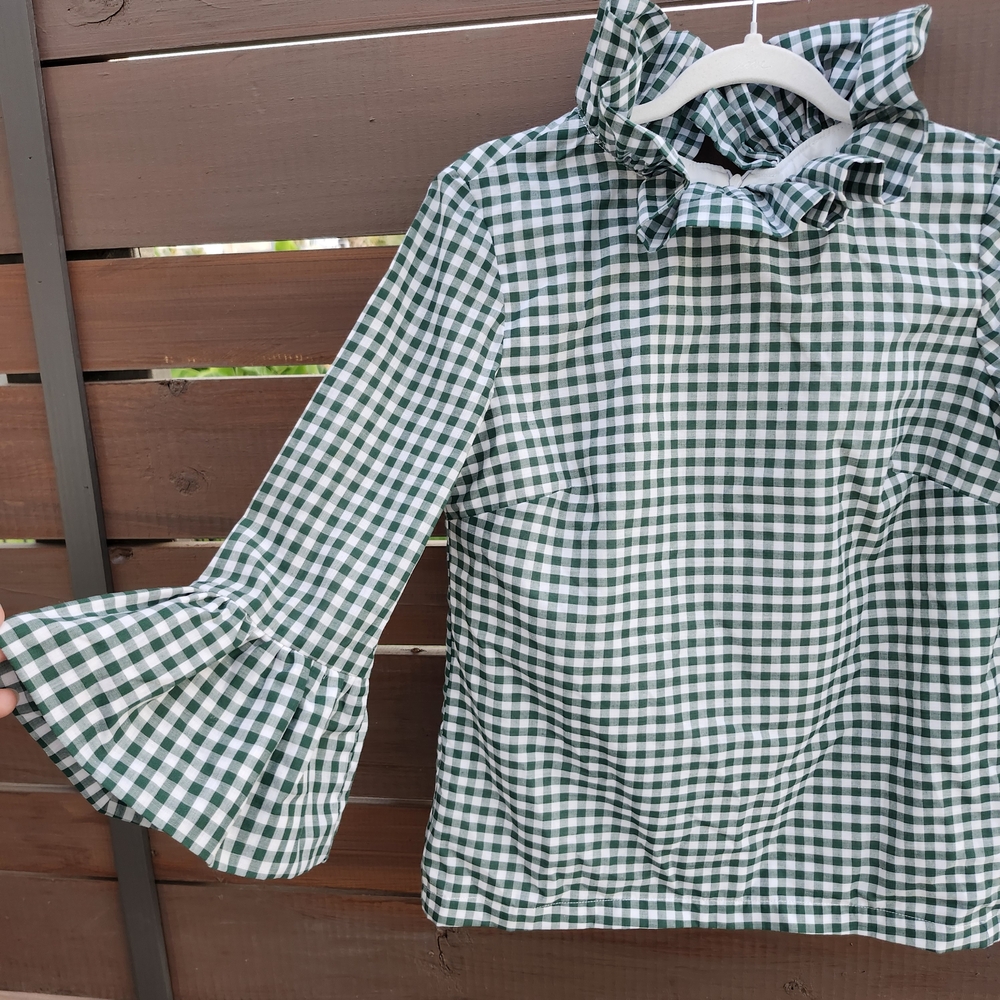 Green Gingham Ruffle Neck Blouse - Women